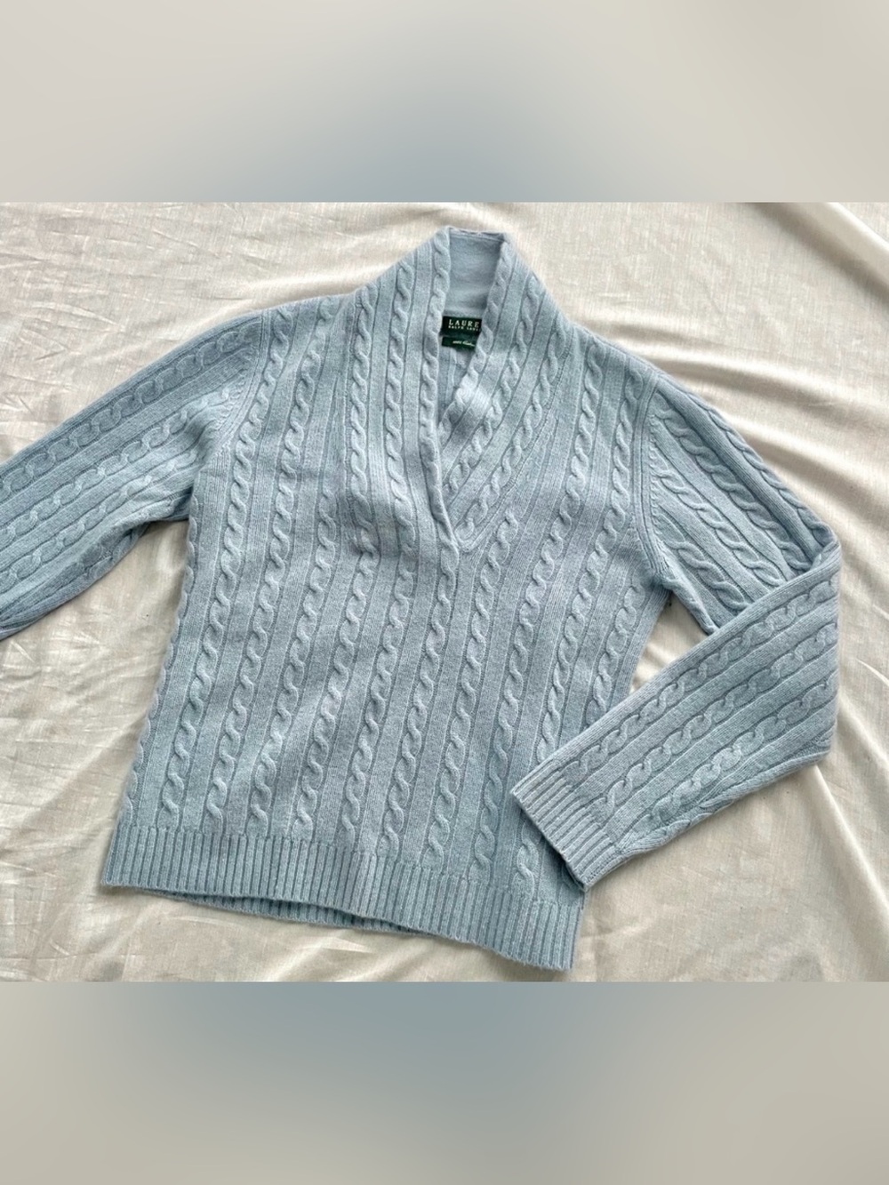 Lauren RALPH LAUREN 100% Cashmere Shawl Collar cable Sweater dusty blue small